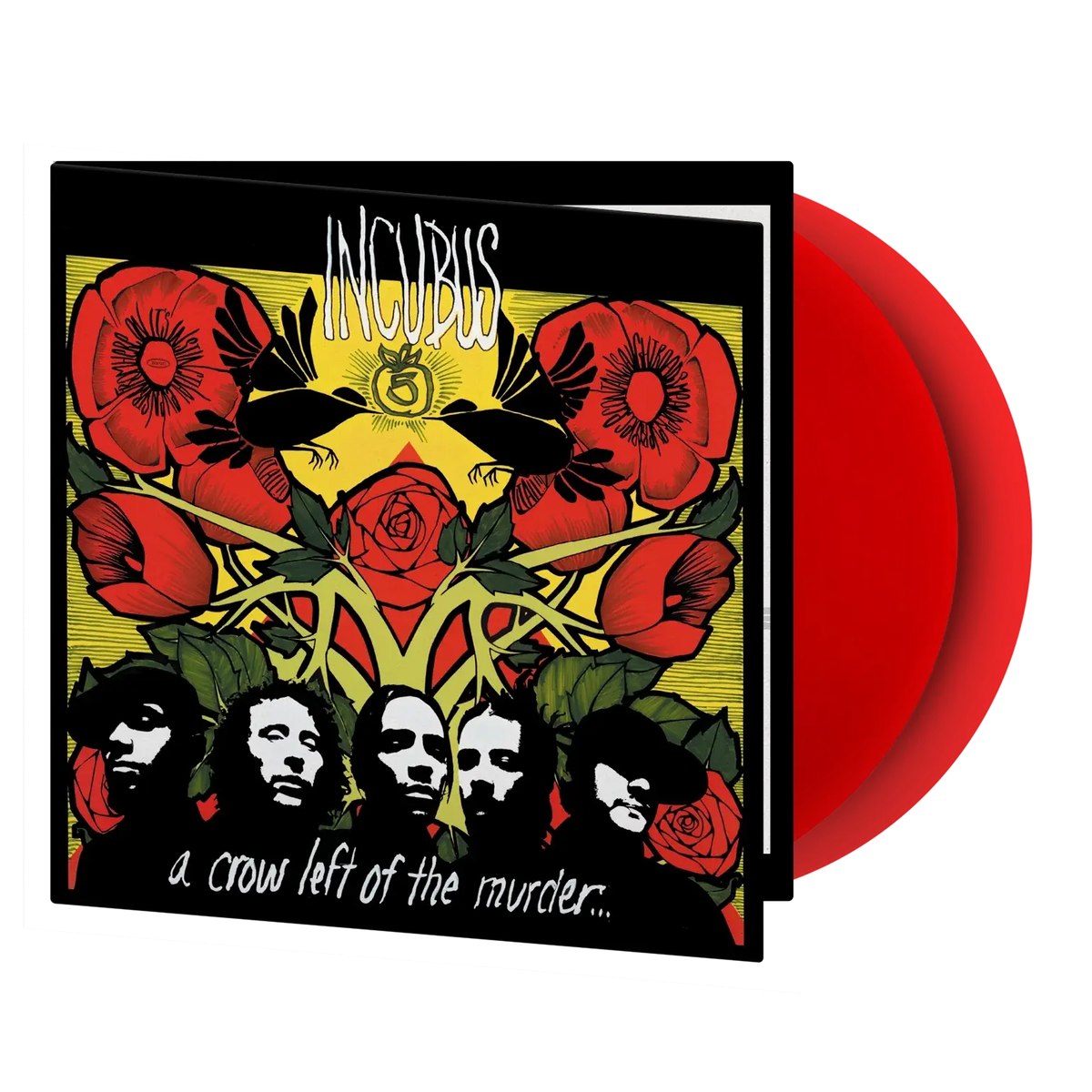 Incubus album cover with red flowers, band members, and a red vinyl record.
