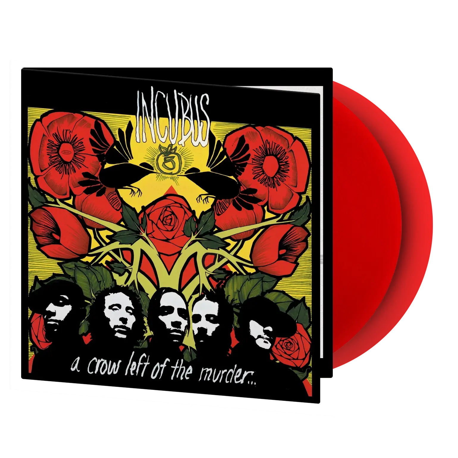 Incubus album cover with red flowers, band members, and a red vinyl record.