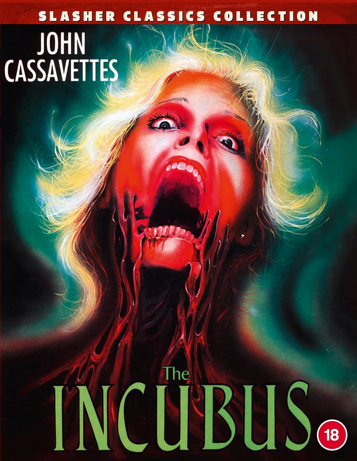 Horror film cover: woman with open mouth and red, swirling imagery.