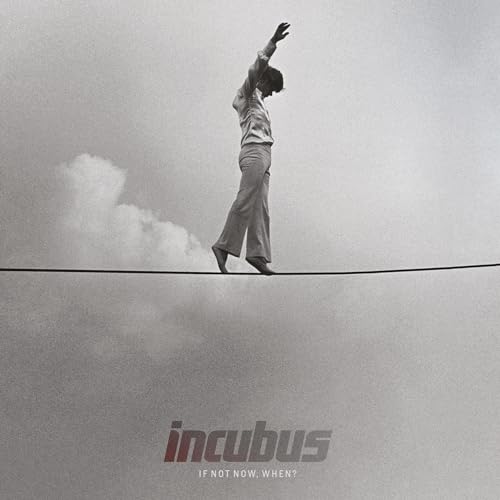 Black and white photo of a person balancing on a tightrope against cloudy skies.