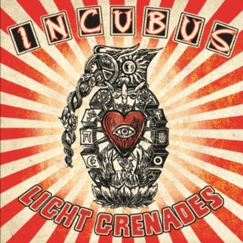 Album cover for "Light Grenades" by Incubus, featuring red and white sunburst design.