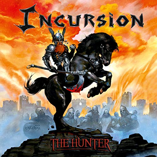 Fantasy album cover: armored warrior on a rearing black horse, fiery background.
