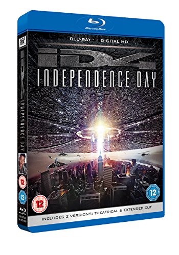 "Blu-ray case for 'Independence Day' with cityscape and alien spaceship on the cover."