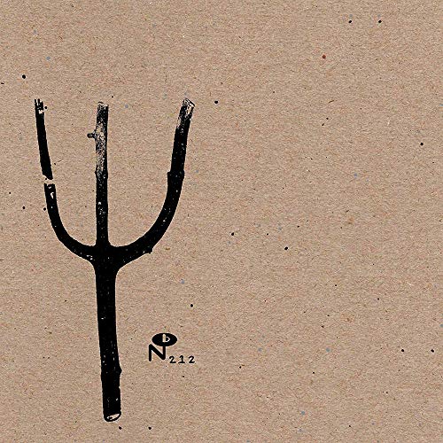 Vinyl record cover with a black trident-like symbol on a tan background.