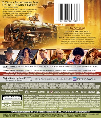 Blu-ray back cover for "Indiana Jones & The Dial of Destiny" with cast photos.