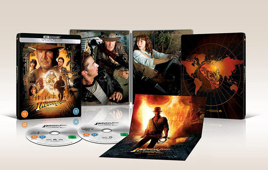 "Steelbook case and discs for 'Indiana Jones and the Kingdom of the Crystal Skull' movie."