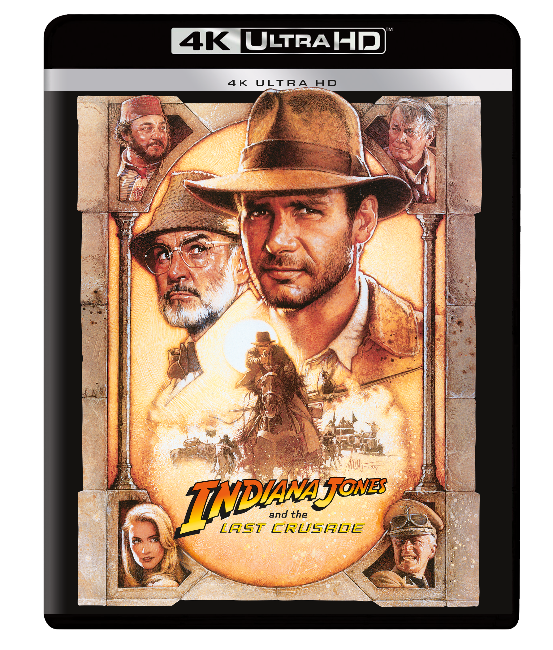 Indiana Jones film cover with Harrison Ford and Sean Connery portraits.