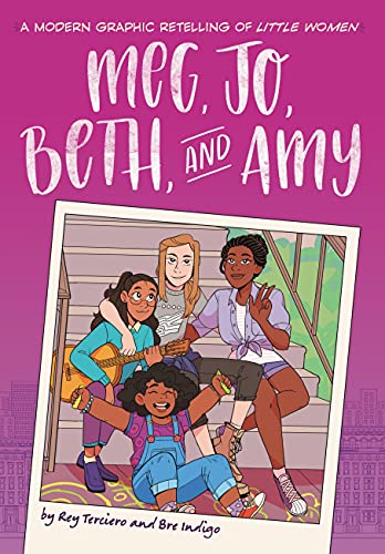 Graphic novel cover featuring four young women on stairs, “Meg, Jo, Beth, and Amy” title.