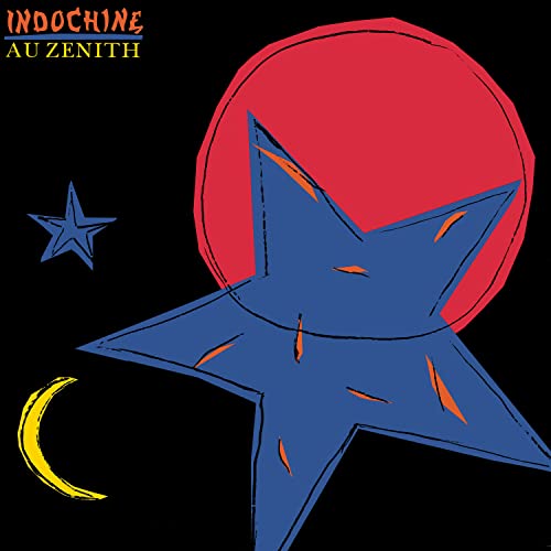 Indochine album cover: black background with red, blue, and yellow stars.