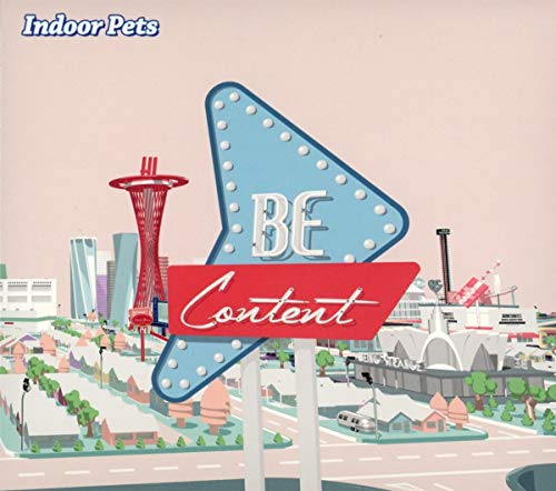 "Album cover with cartoon cityscape, star-shaped sign, and 'Be Content' text."