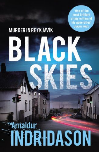 Book cover: "Black Skies" with a dark, stormy Reykjavik street scene.