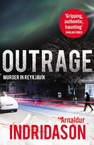 Book cover for Outrage by Arnaldur Indridason showing a snowy street with northern lights.