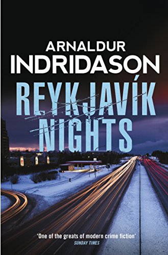 Book cover for Reykjavik Nights by Arnaldur Indridason showing a snowy highway at night.