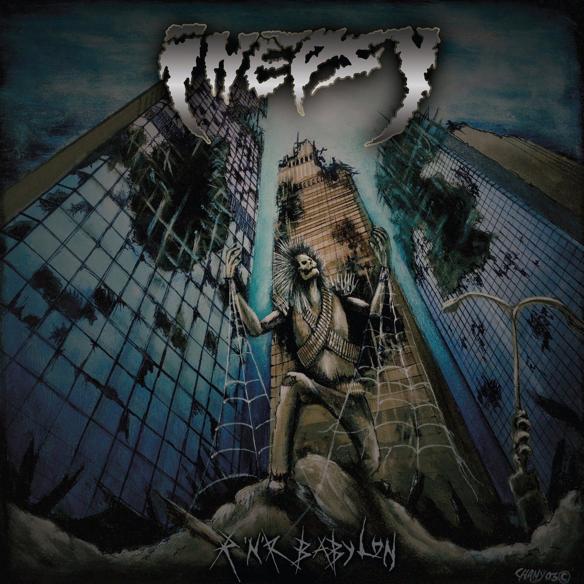 Album cover art featuring a spiky-haired skeleton figure standing before ruined, crumbling city skyscrapers.