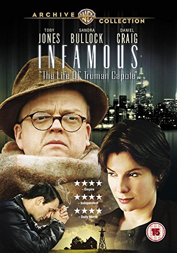 DVD cover for Infamous featuring Toby Jones, Sandra Bullock, and Daniel Craig against city skyline.