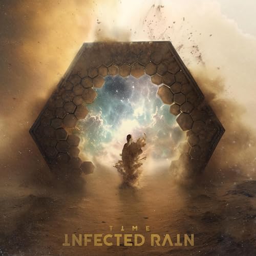 Hexagonal portal with a figure inside, cosmic and cloudy background.