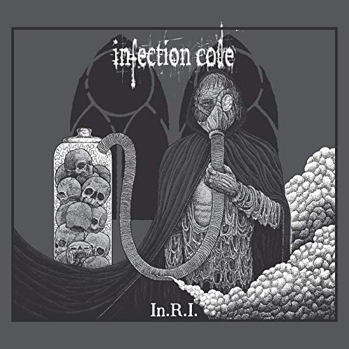 Black and white CD cover with a figure in a gas mask and skulls.