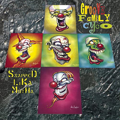 CD cover with painted images of grotesque, colorful clown faces.