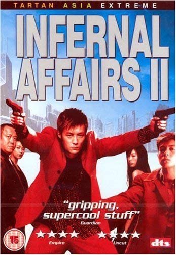 DVD cover for "Infernal Affairs II" featuring a man in red with guns.