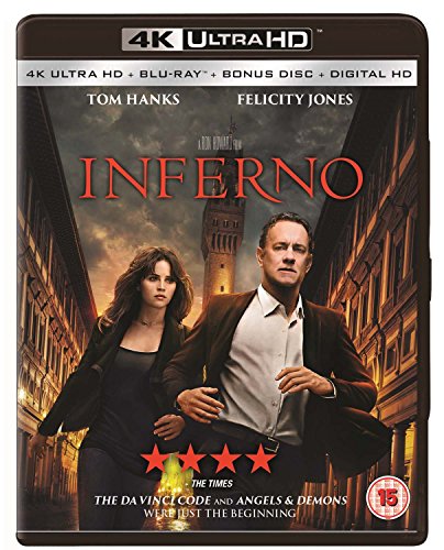 Blu-ray cover for the movie Inferno featuring Tom Hanks and Felicity Jones.