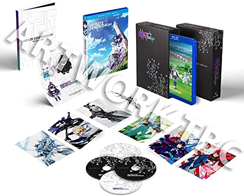 The image shows a collection of items related to the "Infinite Dendrogram" series. The alt text for this image could be: "Blu-ray box set with discs, artwork, and packaging."