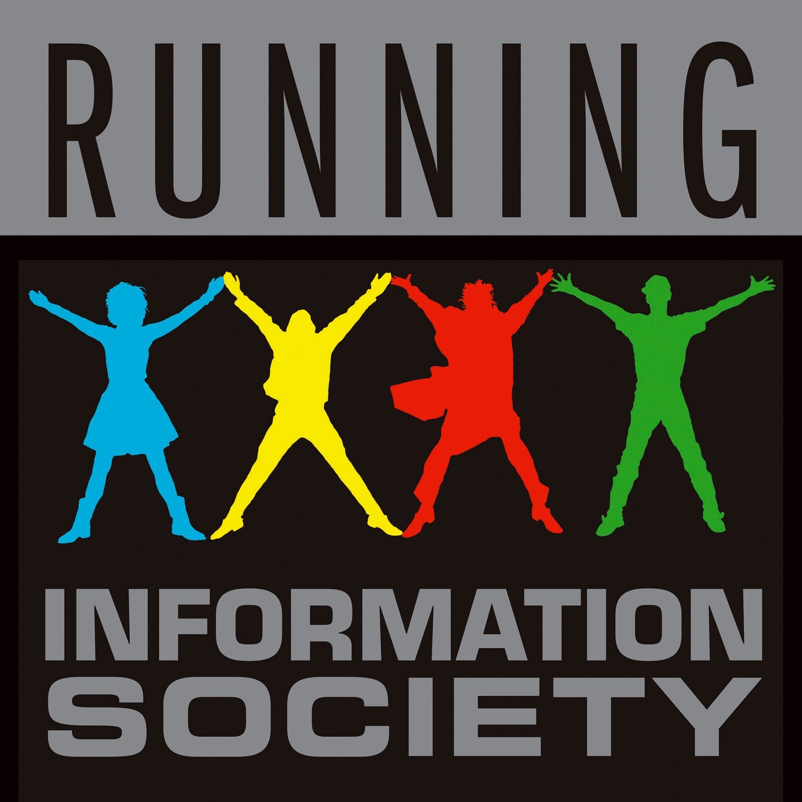 Vinyl record cover: "Running" by Information Society, with colorful figures.
