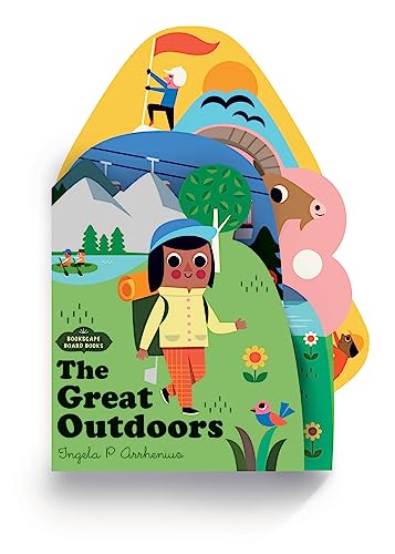 Shaped board book cover with illustrated hiker and outdoor scenes.
