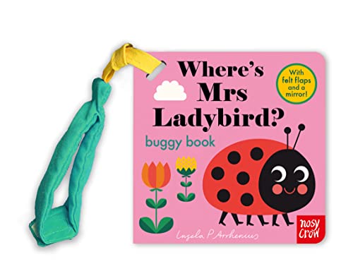 Pink Where's Mrs Ladybird buggy book with a teal fabric strap and ladybird illustration.