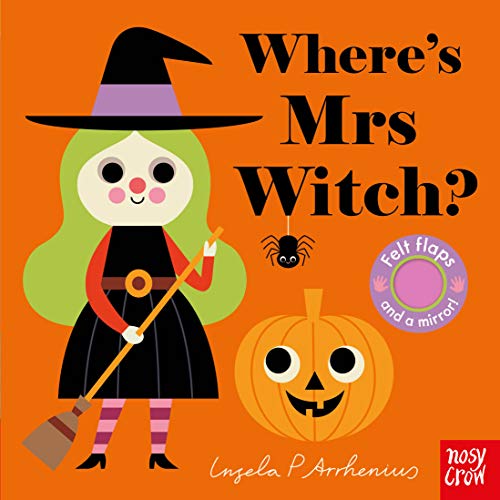 Book cover: cartoon witch, pumpkin, and spider on orange background.