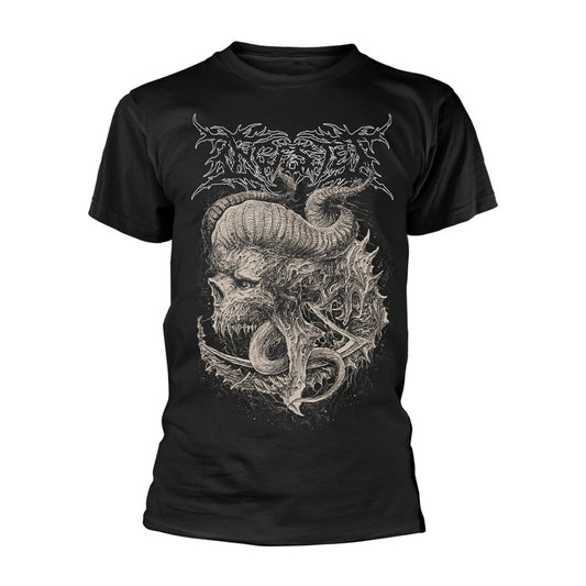 Black t-shirt with detailed, ornate illustration of a horned creature.