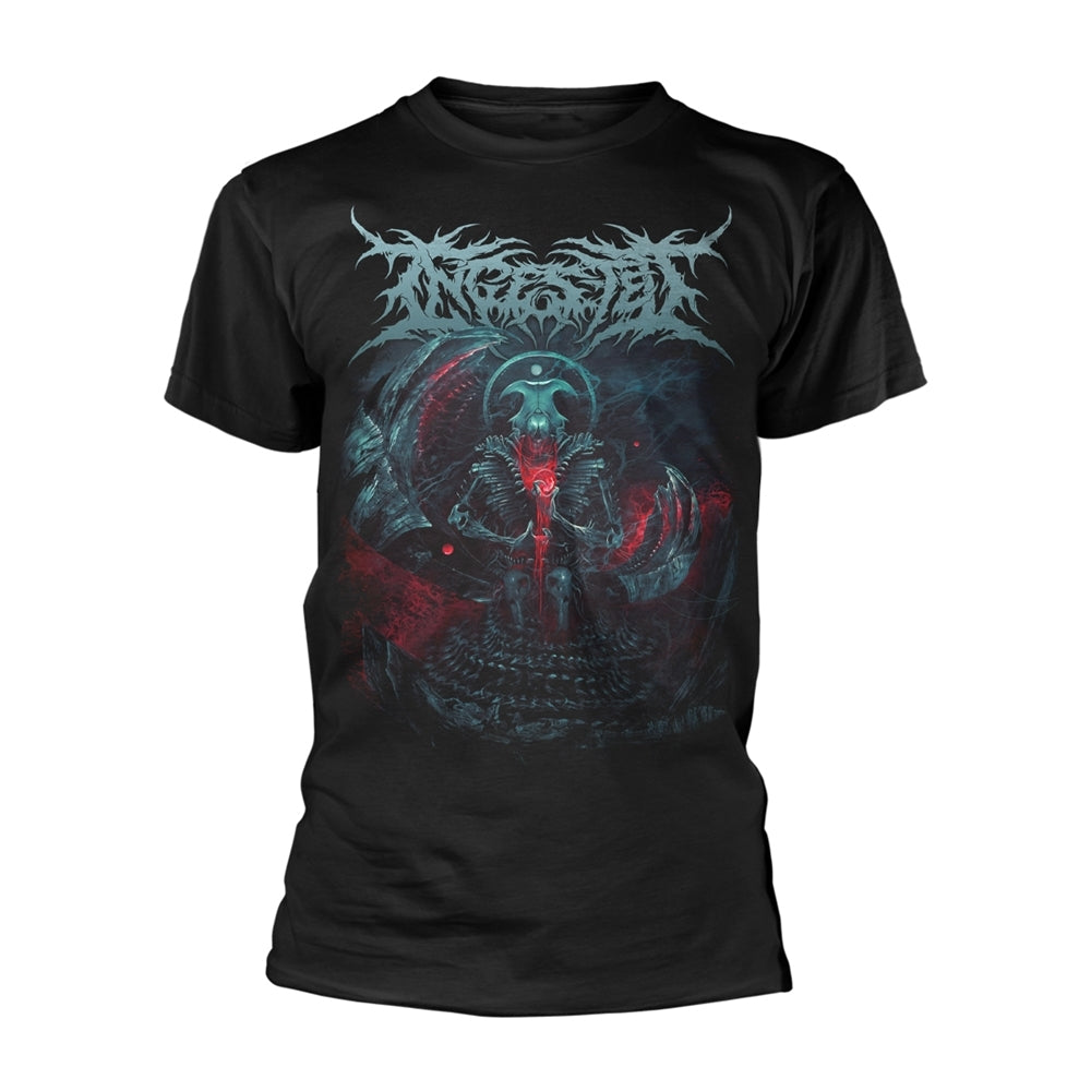 Black t-shirt with detailed, dark fantasy artwork and band logo.