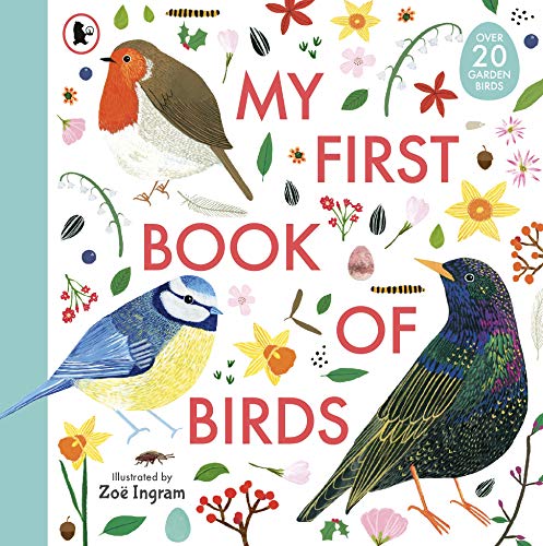 Book cover with illustrated birds, flowers, and text: "My First Book of Birds.