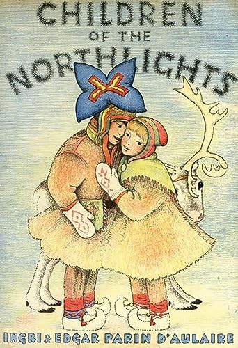 Illustration of two children in winter clothing with a reindeer.