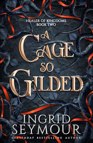 Book cover: dark background with gold title, entwined branches, and red ribbons.