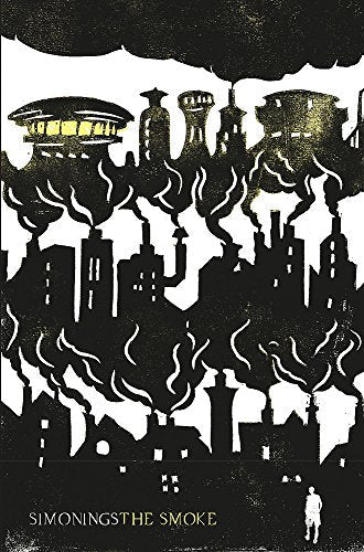 Silhouetted industrial cityscape with smoke, and a small figure below.