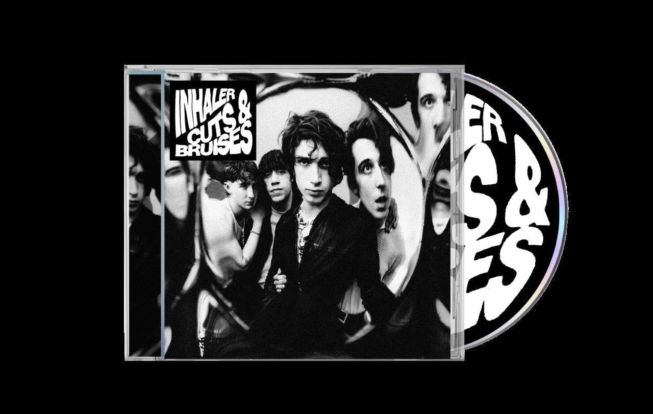 CD case for Inhaler’s “Cuts & Bruises” album, featuring a band portrait.