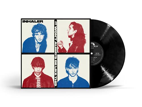Inhaler album cover and black vinyl record, featuring four portrait images.