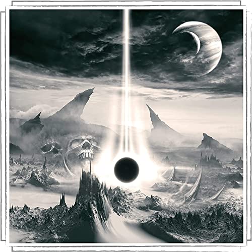Dark landscape with a beam of light, moon, and central black sphere.