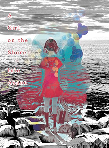 A young girl stands on a rocky shore facing the sea, overlaid with colorful bubbles.
