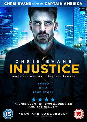 DVD cover for "Injustice" featuring Chris Evans in a suit, city backdrop.