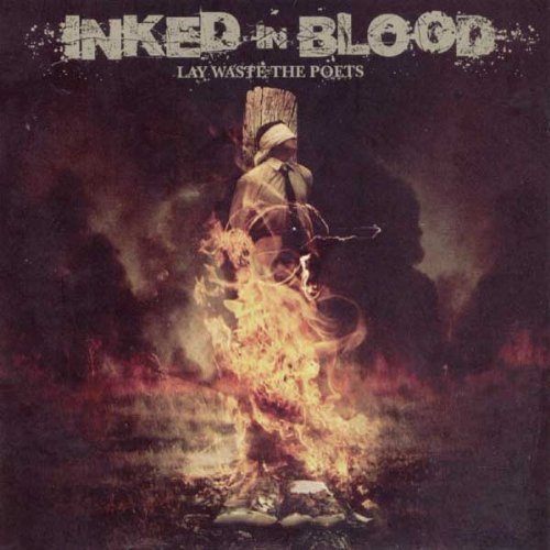 "Album cover with a hooded figure engulfed in flames, dark background, 'Inked in Blood' title."