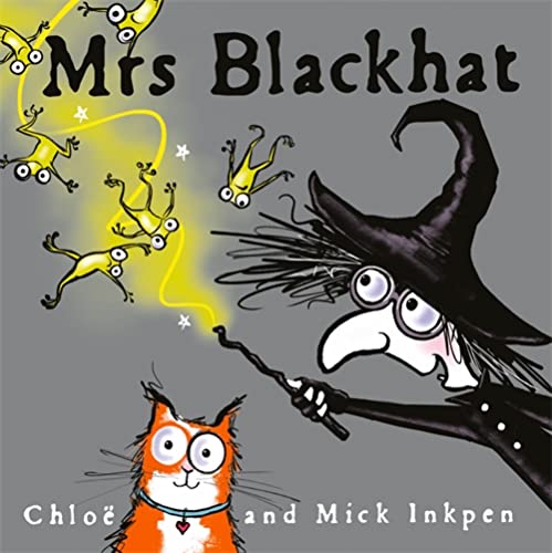 Illustration of a witch, a cat, and yellow creatures with stars.