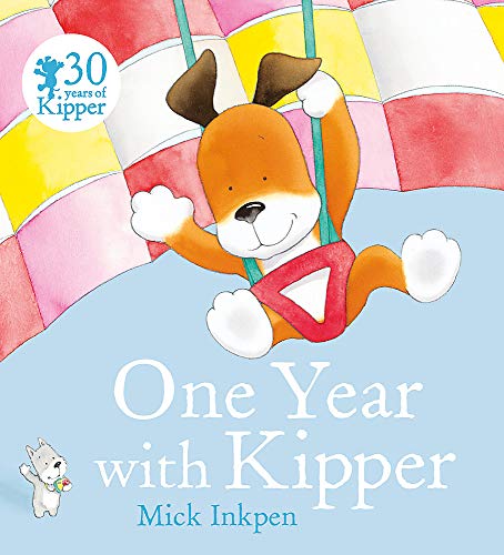 Kipper the dog hangs from a colorful parachute in a children’s book.