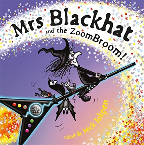A witch flies on a colorful, high-tech broom with animal passengers.