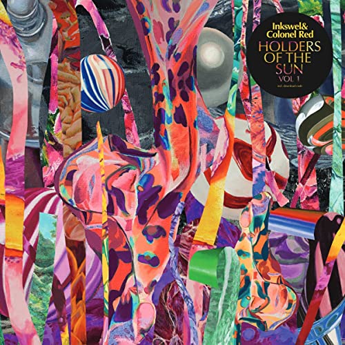 Abstract collage of colorful, flowing shapes with album title text in a black circle.