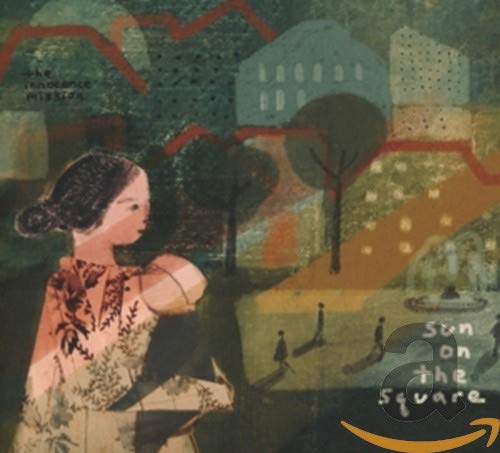 Painted album cover featuring a woman and a town square scene.