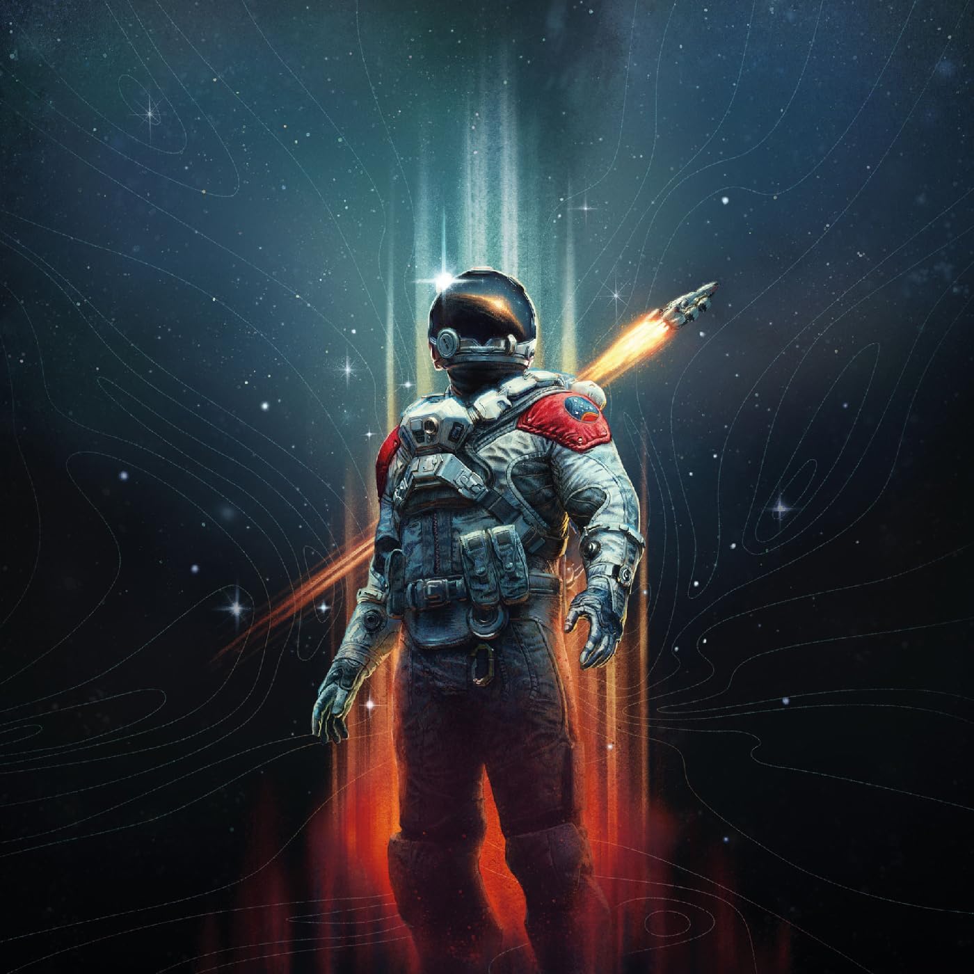 Astronaut in spacesuit facing away, with fiery streaks and stars.