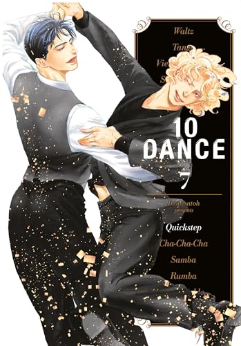 Two men dancing, manga cover for “10 Dance” volume 7, gold glitter.