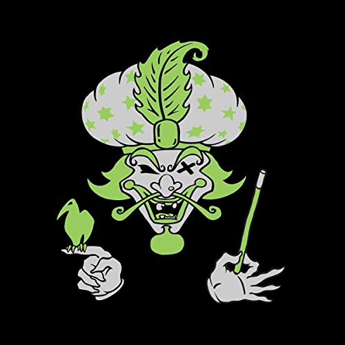 Illustration of a green and grey clown wearing a turban, holding a magic wand.