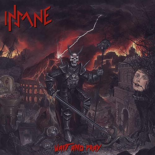 CD cover: demonic knight with sword amidst a fiery, ruined landscape.